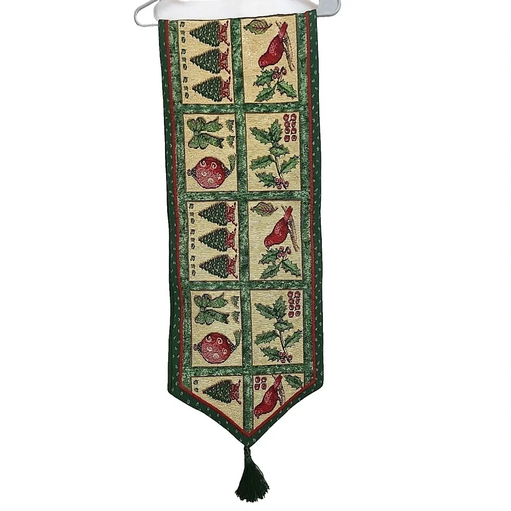 Christmas Tapestry Table Runner Cardinal Birds‎ Ornaments Trees Holiday 5' 8